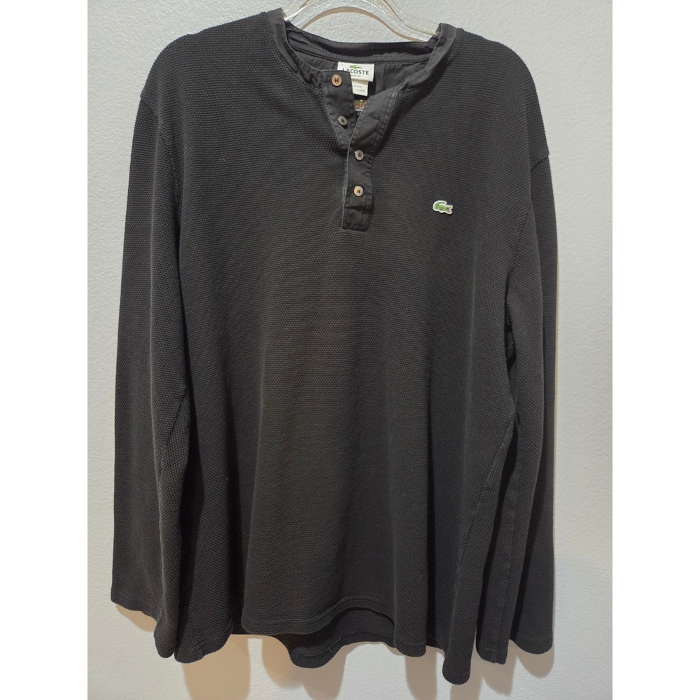 Lacoste Henley Shirt Mens 9 3XL Black Excellent Waffle Knit Slim Fit F8455